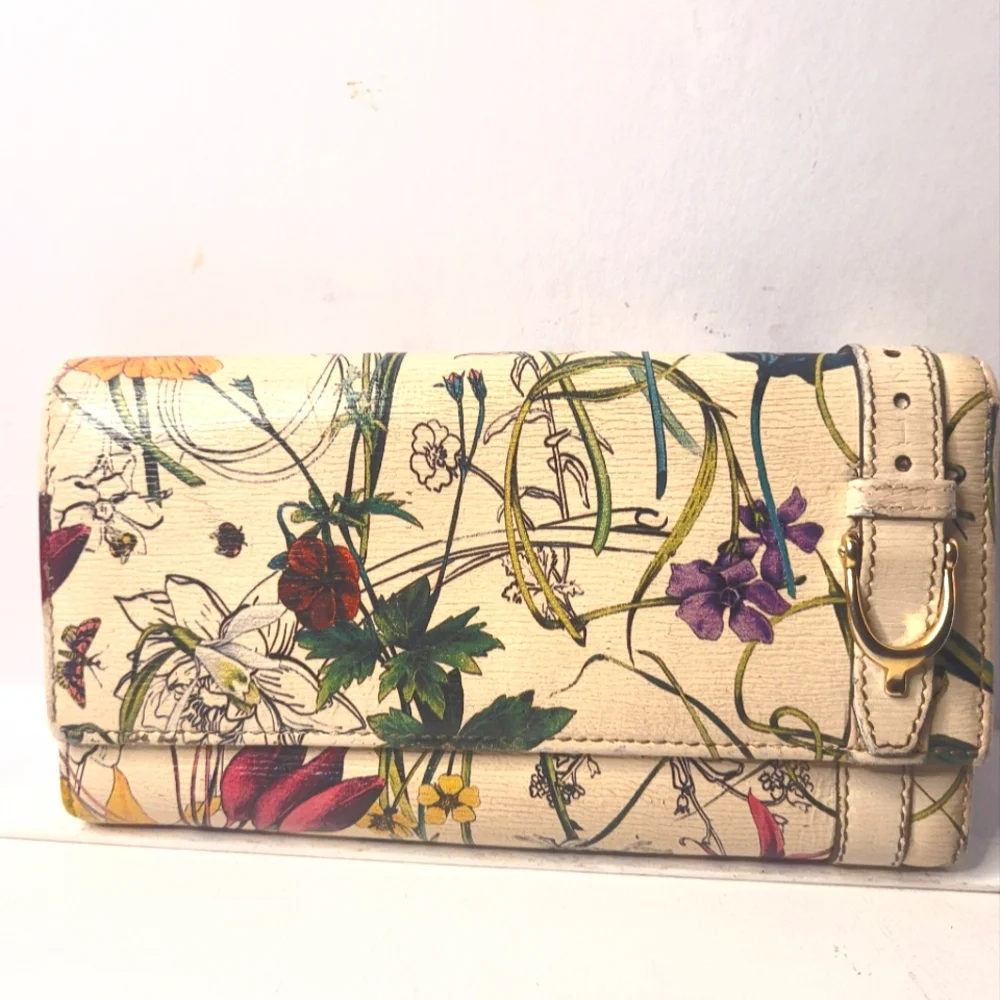 Gucci Nymphae Azure Floral Blue Continental Leather Wallet